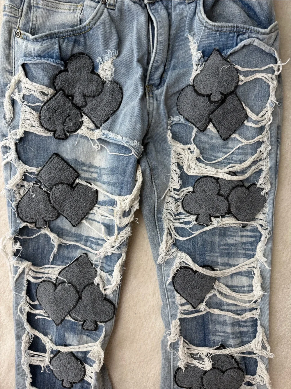 W by Waimea Light Blue Distressed Flare Jeans with Black Patch Heart Motifs